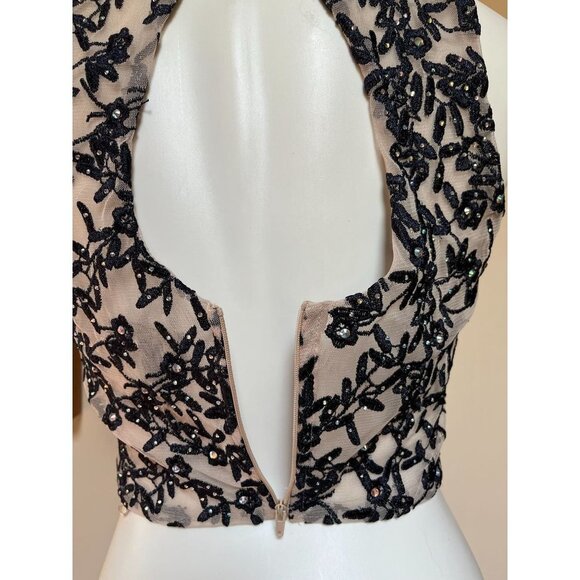 Y2K Corset Bustier Illusion Crystal Mesh Tulle Crop Top Embroidered Black Beige - Picture 8 of 11